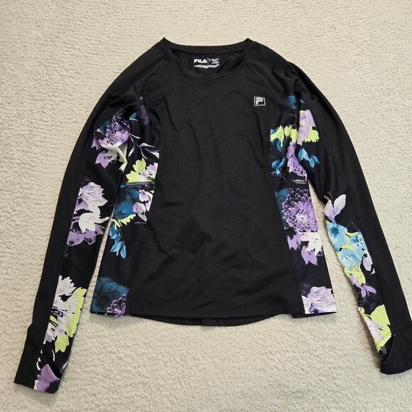 Fila Long Sleeve Activewear Top Black with Floral Mesh Running Cycling Women's S - Picture 1 of 11